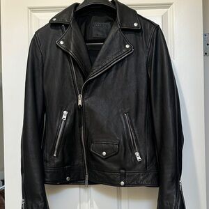 All Saints Black Leather Biker Jacket with Silver Hardware